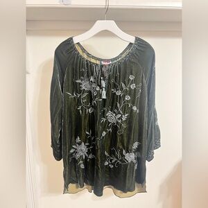 Johnny Was Olive Green Embroidered Blouse